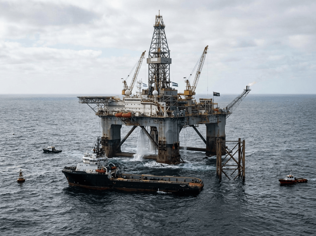 Offshore platform with sign reading “EXTRACCIÓN ILEGAL DE SIN PERMISO ARGENTINO EN AGUAS DE MALVINAS.”