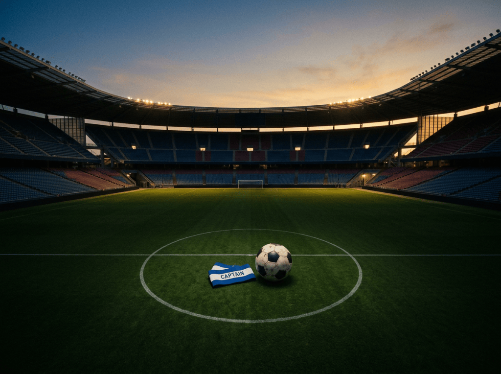 Football and captain’s armband on the center circle of an empty stadium
