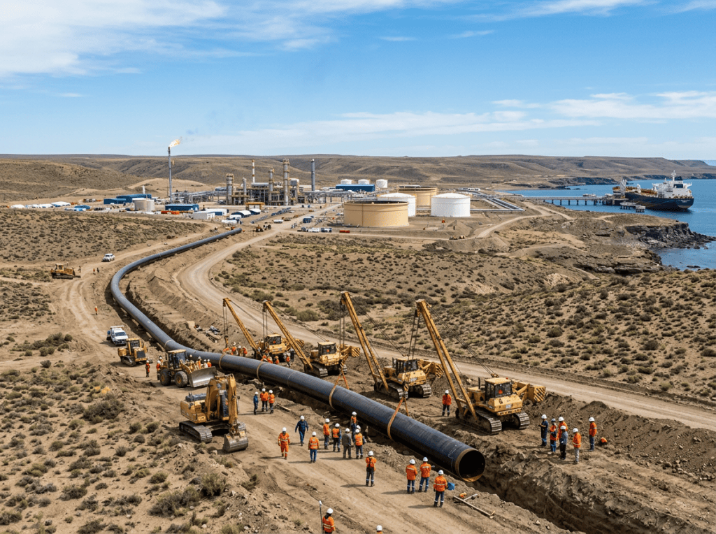 Workers installing a large pipeline near a coastal industrial terminal and cargo ship