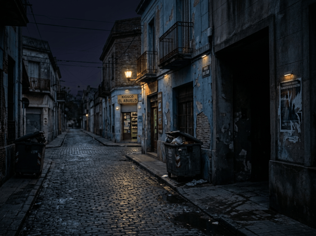 People hurry through a narrow cobblestone street beside weathered buildings
